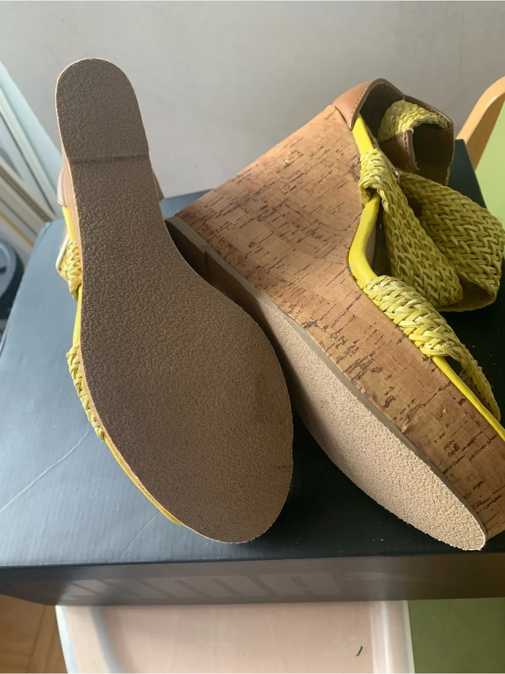 Woven Yellow Platform Wedge Sandals - Women, size 8